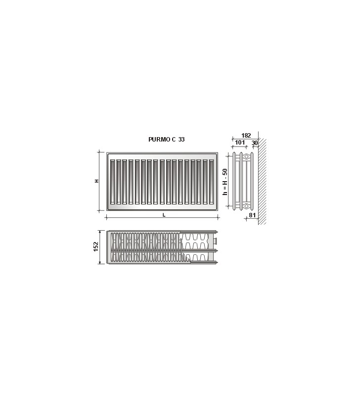 Radiatorius Purmo Compact C 33, 500-2000, pajungimas šone