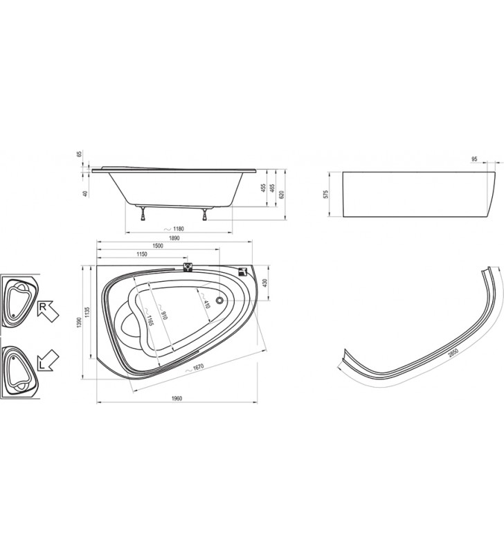 Asimetrinė vonia Ravak LoveStory II, dešininė