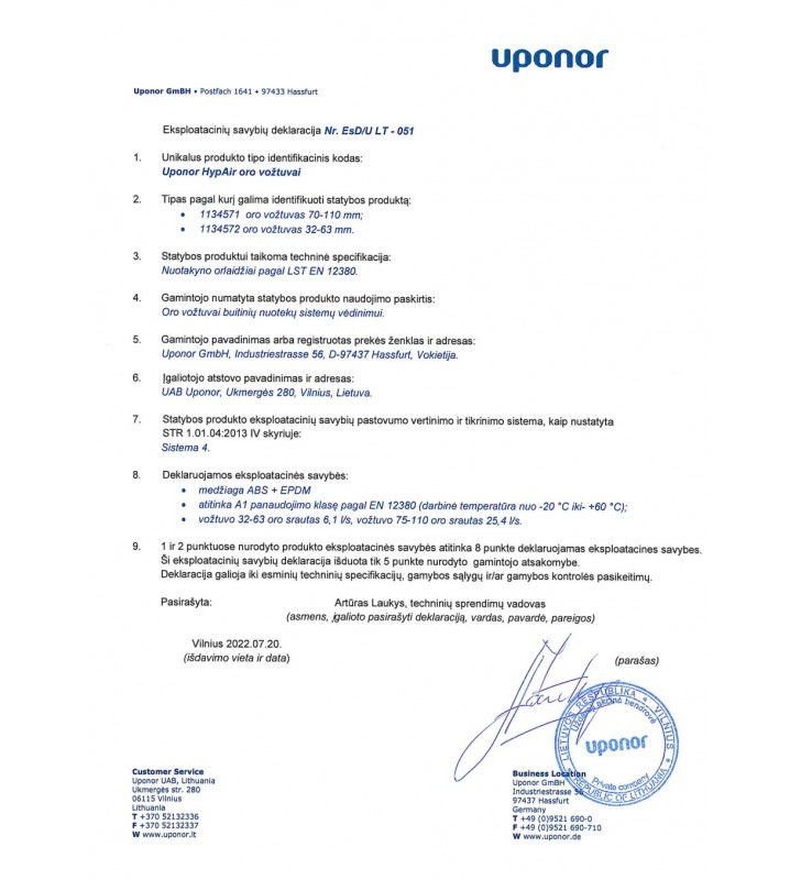 Vidaus kanalizacijos alsuoklis UPONOR, HypAir d70-110