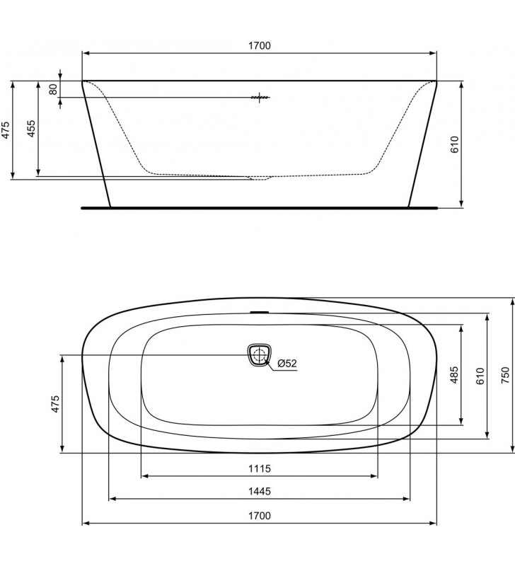 Akrilo vonia Ideal Standard Dea, 170x75, laisvai pastatoma, balta matinė/juoda matinė