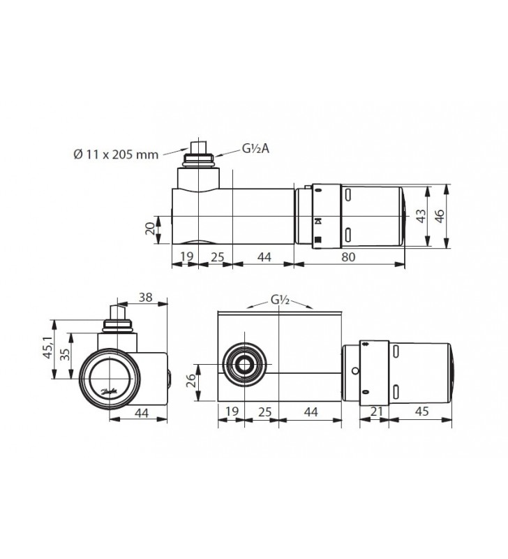 Termostatinis elementas Danfoss VHX, RTX Mono kampinis, chromuotas