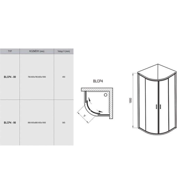 Pusapvalė dušo kabina Ravak Blix, BLCP4-90, blizgi + stiklas Transparent