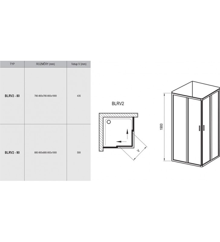 Kvadratinė dušo kabina Ravak Blix, BLRV2-80, blizgi+stiklas Transparent
