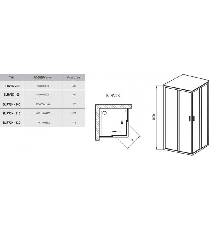 Stačiakampės dušo kabinos sienelė Ravak Blix, BLRV2K-120, blizgi+stiklas Transparent