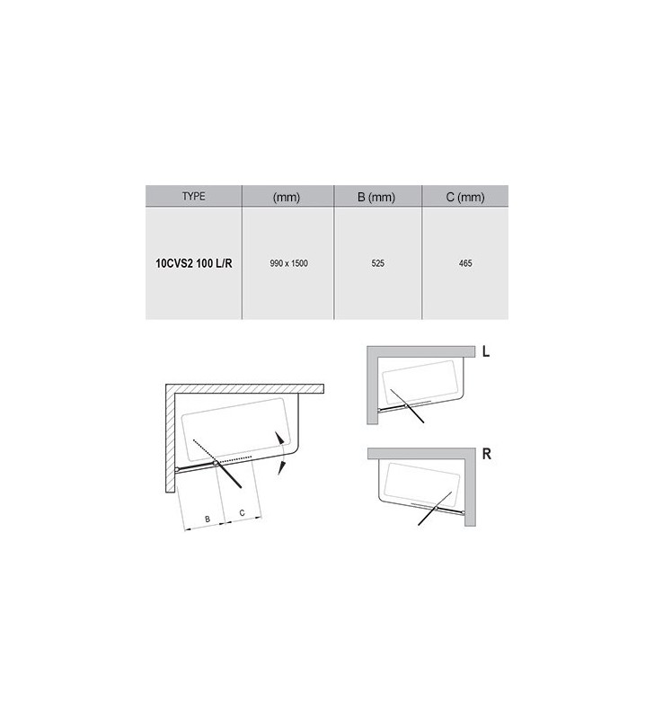 Varstoma vonios sienelė Ravak 10 , 10CVS2-100 R satinas+stiklas Transparent