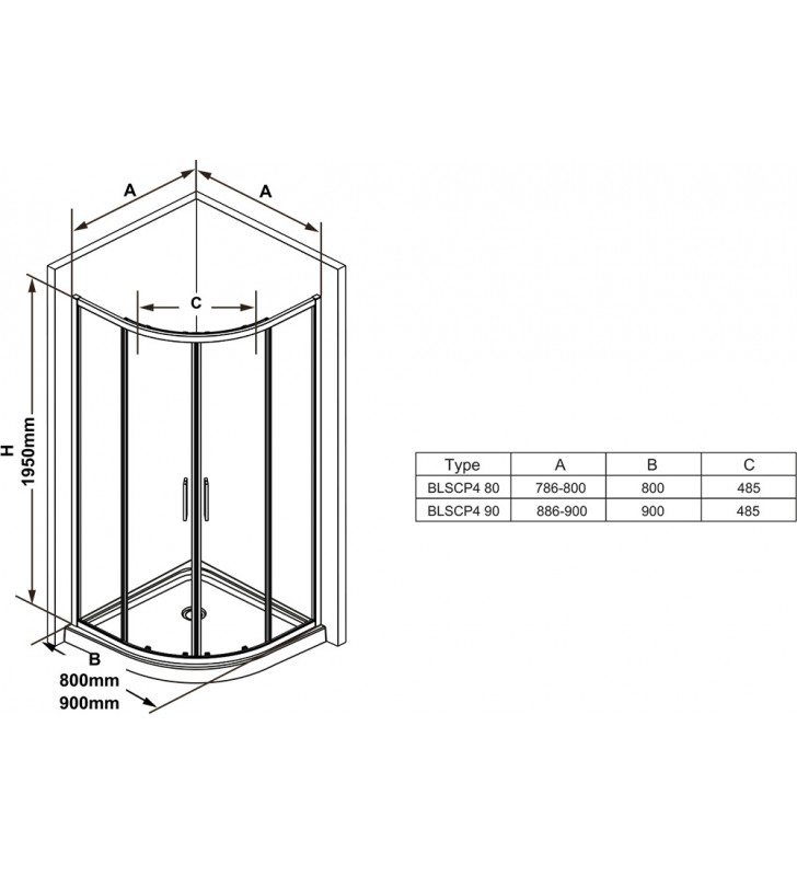 Pusapvalė dušo kabina Ravak Blix Slim, BLSCP4-90 blizgus +Transparent