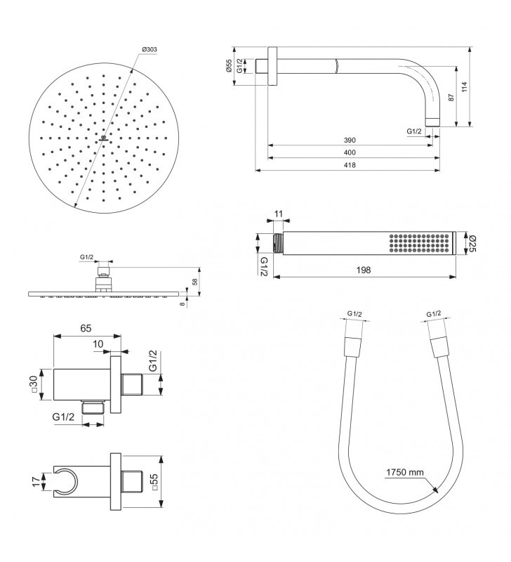 Potinkinis dušo komplektas Ideal Standard Ceratherm Navigo, su apvalia 300 mm galva, chromas