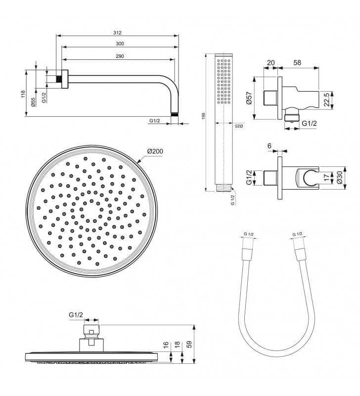 Potinkinis dušo komplektas Ideal Standard Ceraline, su apvalia 200 mm galva, chromas