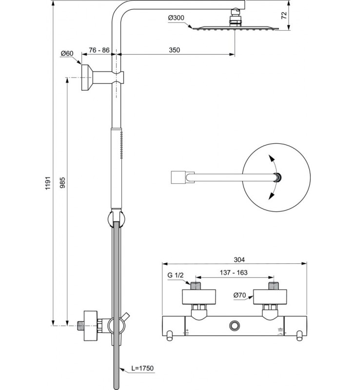 Stacionari dušo sistema Ideal Standard Ceratherm T125, su 300 galva ir Stick rankiniu dušu, chrom