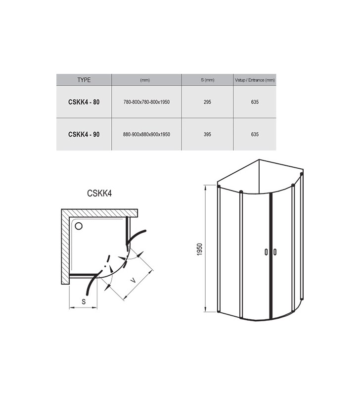 Pusapvalė dušo kabina Ravak Chrome, CSKK4-90 blizgi+Transparent