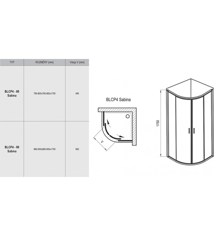 Pusapvalė dušo kabina Ravak Blix, BLCP4-90 Sabina, blizgi + stiklas Transparent