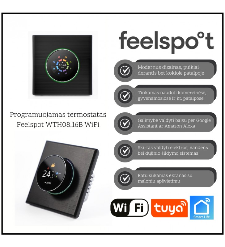 Programuojamas termostatas Feelspot WTH08.16B WiFi, juodas, Tuya, Smart Life