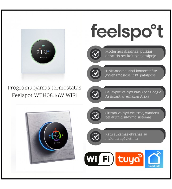 Programuojamas termostatas Feelspot WTH08.16W WiFi, baltas, Tuya, Smart Life