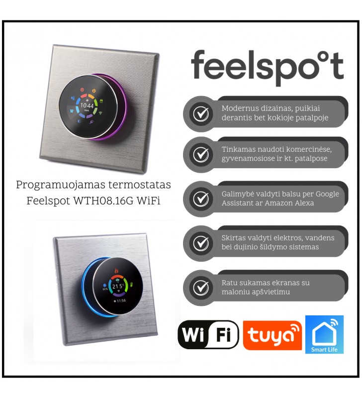 Programuojamas termostatas Feelspot WTH08.16G WiFi, pilkas, Tuya, Smart Life