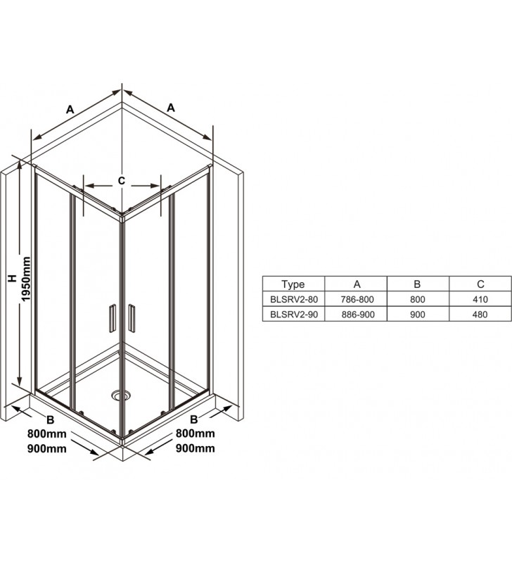 Kvadratinė dušo kabina Ravak Blix Slim, BLSRV2-90 blizgus +Transparent