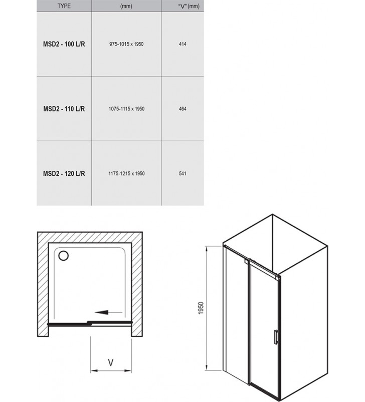 Stumdomos dušo durys Ravak Matrix, MSD2-100, L blizgi+Transparent