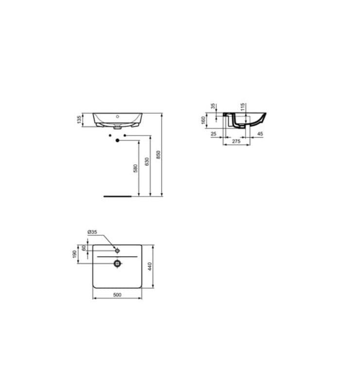 Pusiau įmontuojamas praustuvas Ideal Standard, Air Cube, 50 cm