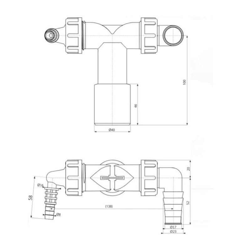 Kanalizacijos jungtis DN40-32 Alcaplast, su atbuliniais vožtuvais skalbyklei ir džiovyklei