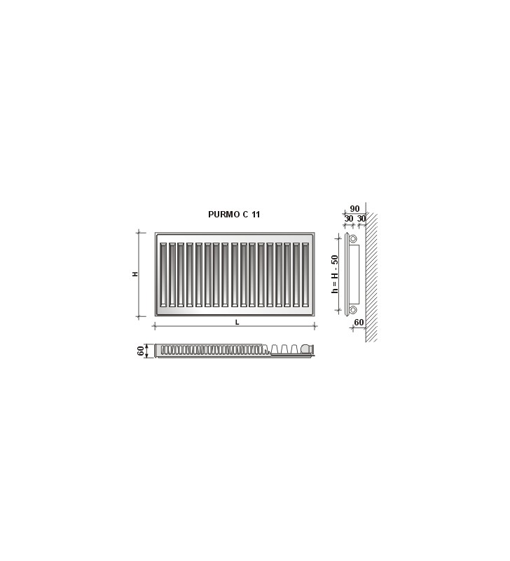 Radiatorius Purmo Compact C 11, 600-1200, pajungimas šone