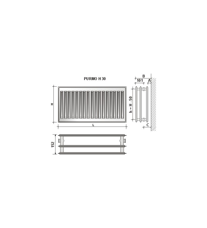 Radiatorius PURMO H 30, 500-900, pajungimas šone