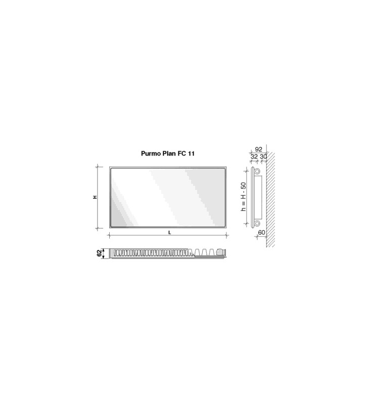 Radiatorius PURMO FC 11, 300-1200, pajungimas šone