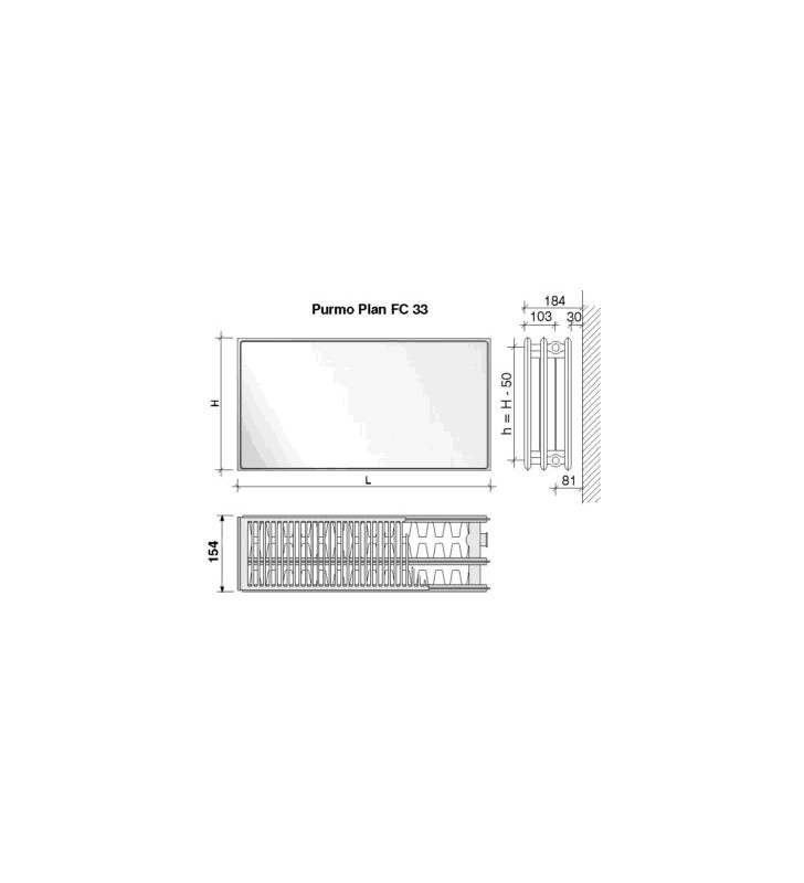 Radiatorius PURMO FC 33, 300-600, pajungimas šone